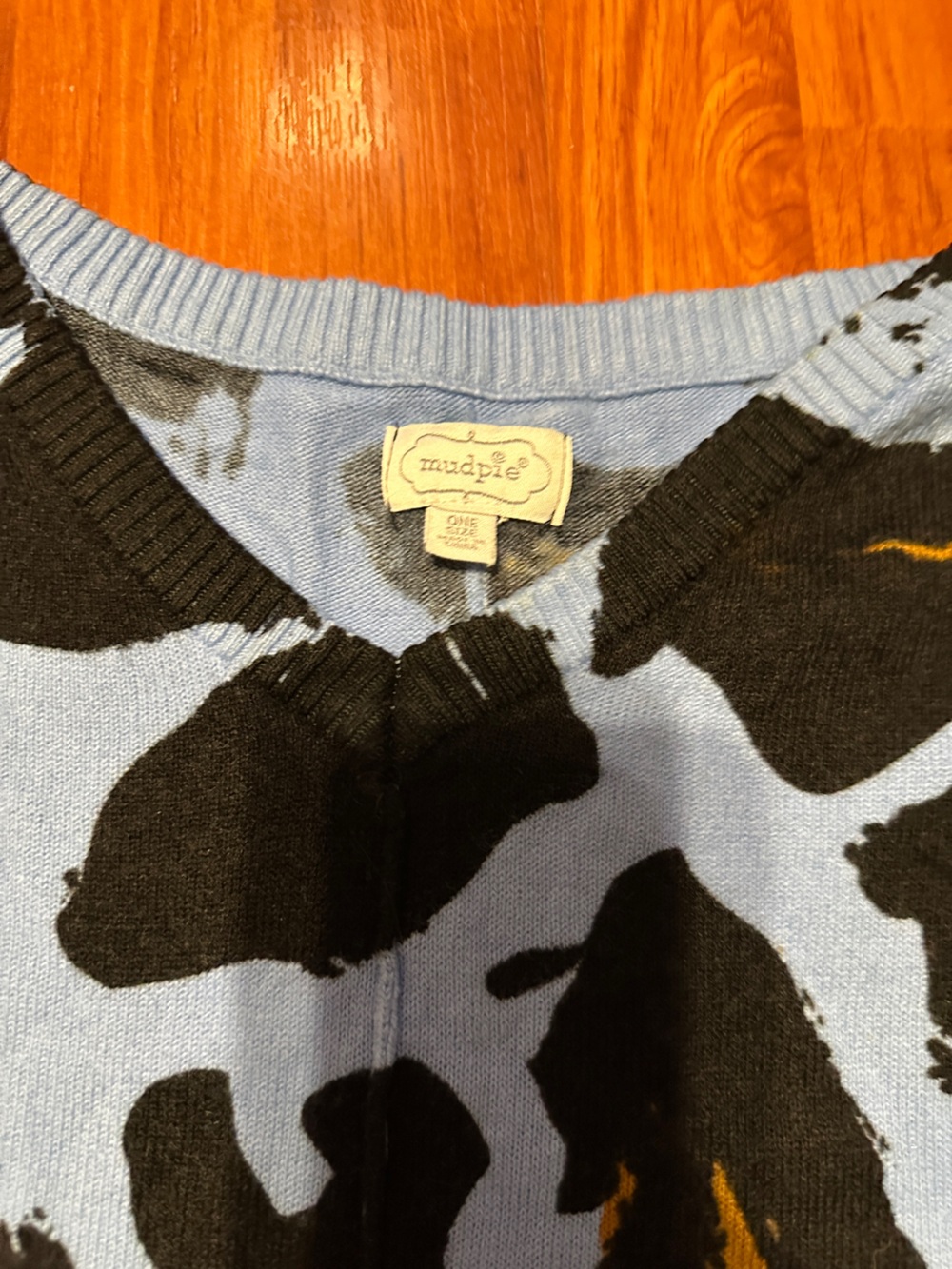Mud Pie Blue Animal Print V-Neck Sweater with Black and Mustard Spots - Picture 5 of 6